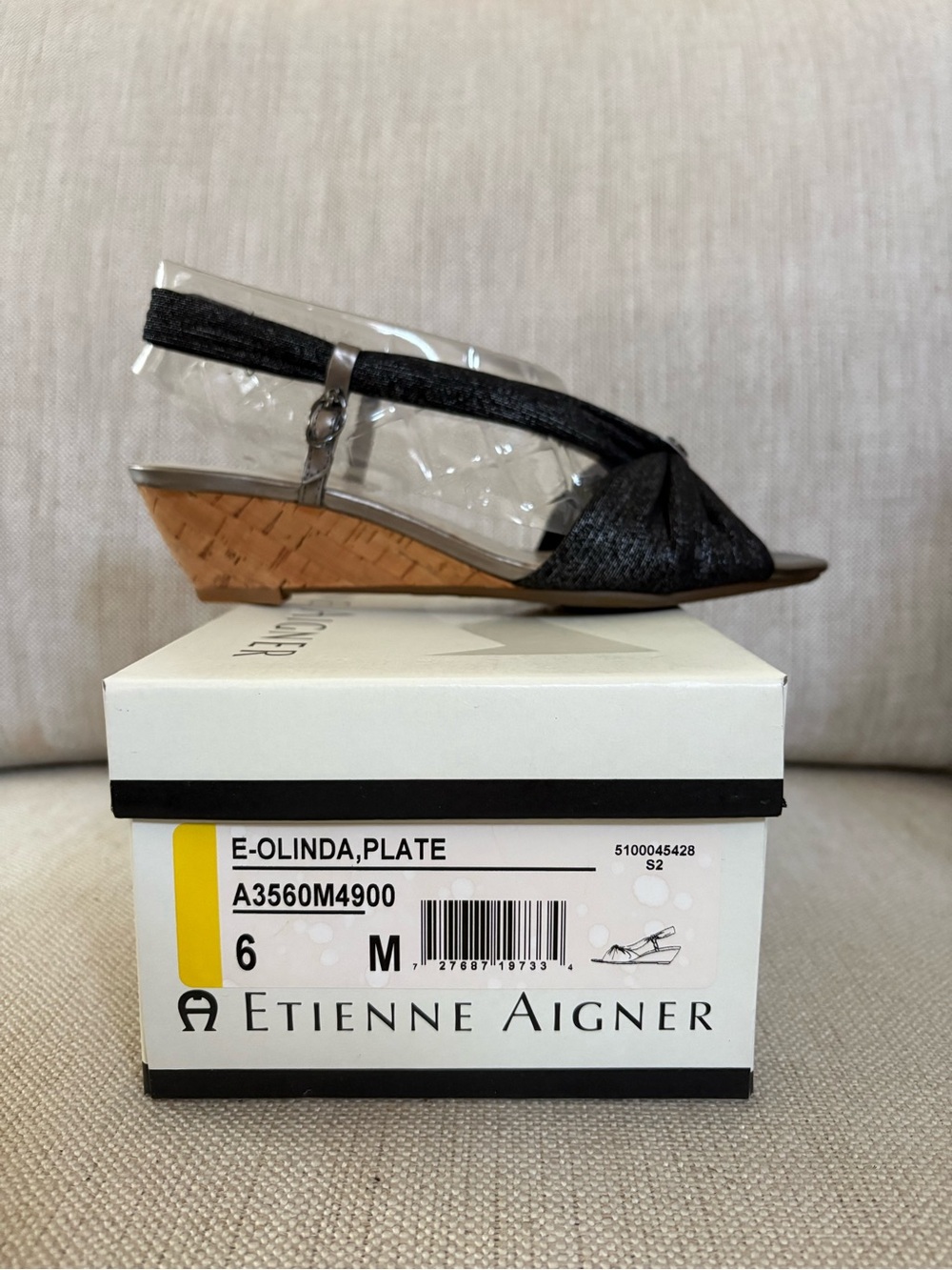 Etienne Aigner Metallic Black Fabric Slingback Cork Wedge Sandals Size 6